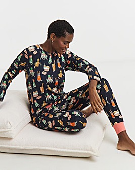 Chelsea Peers Jersey Crew Neck Christmas Cat Print Pyjama Set