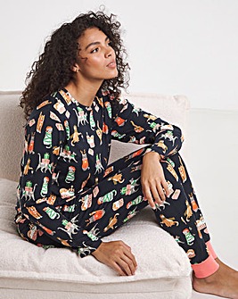 Chelsea Peers Jersey Crew Neck Christmas Cat Print Pyjama Set
