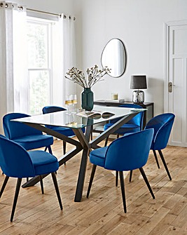 Bodie Black 6 Seater Dining Table with 6 Emilie Velvet Chairs