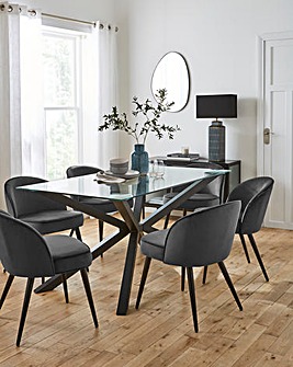 Bodie Black 6 Seater Dining Table with 6 Emilie Velvet Chairs