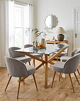 Bodie Oak 6 Seater Dining Table with 6 Emilie Fabric Chairs