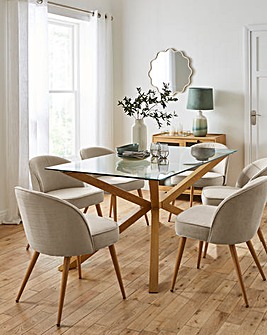 Bodie Oak 6 Seater Dining Table with 6 Emilie Fabric Chairs