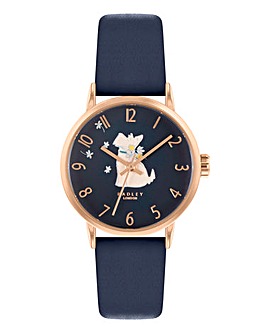 Radley Ladies Dog Dial Watch With Navy Leather Strap and Gold Case