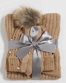 Embellished Hat, Gloves & Scarf Set