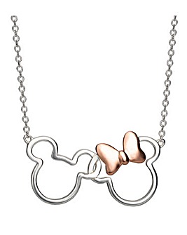 Disney Minnie and Mickey Sterling Silver Necklace with Iconic Rose Gold Bow
