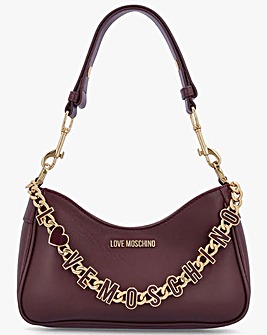 Love Moschino Chain Logo Burgundy Leather Shoulder Bag