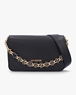 Love Moschino Chain Logo Black Flapover Cross-Body Bag