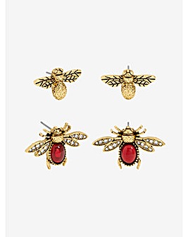 Mood Antique Gold Polished & Red Insect Stud Earrings - Pack of 2