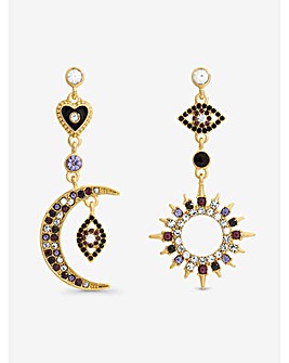 Mood Gold & Multi Colour Crystal Mismatch Celestial Earrings