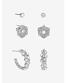 Mood Silver Floral Crystal Stud & Hoop Earrings - Pack of 3