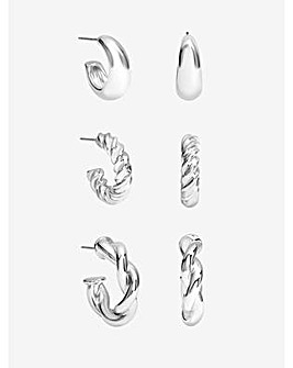 Mood Silver Polished Twist Hoop Earrings - Pack of 3
