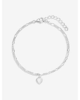 Simply Silver Sterling Silver 925 Polished Fine Figaro Heart Bracelet
