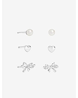Simply Silver Sterling Silver 925 Polished and Pearl Bow Earrings - Pack of 3