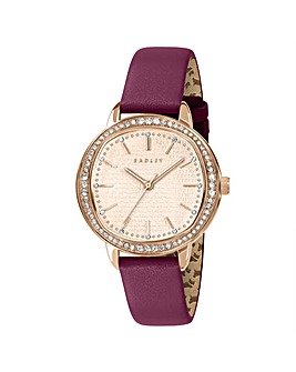 Radley Rose Gold Plated 36mm Stone Set Berry Leather Strap