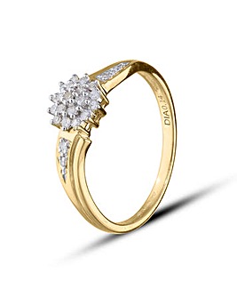 9 Carat Gold And Diamond Cluster Ring With Diamond Set Shoulders