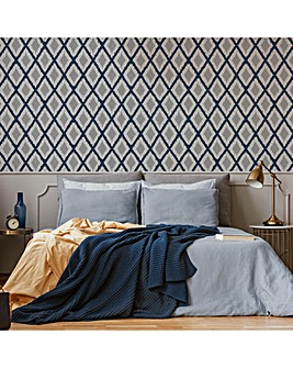 Fresco Blue/White Ikat Geometric Weave Wallpaper