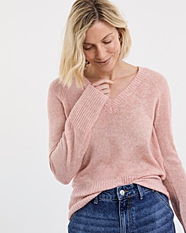 Pink Fine Knit V Neck Jumper