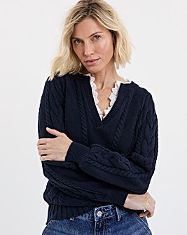 Navy V Neck Frill Knitted Jumper
