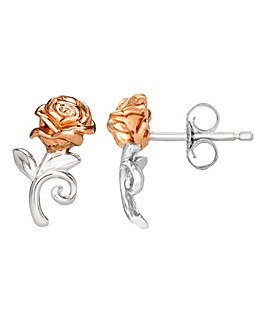 Disney Beauty & The Beast Two Tone Sterling Silver Rose Stud Earrings