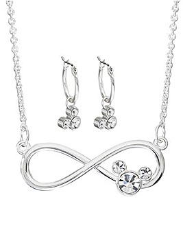 Disney Minnie Mouse Silver Plated Infinity Necklace and Hoop Crystal Earring Set