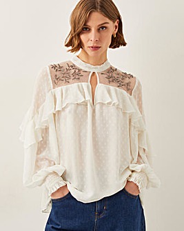 Monsoon Debbie Embellished Polka Dot Ruffle Blouse