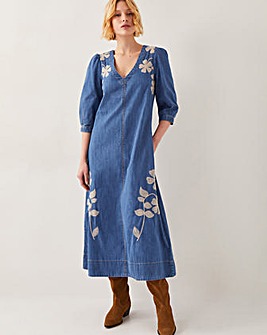 Monsoon Fallon Floral Embroidered Denim Midi Dress