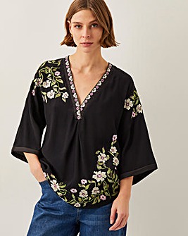 Monsoon Alison V-Neck Floral Embroidered Top