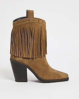 Parton Leather Fringe Western Ankle Boots Ex Wide Fit