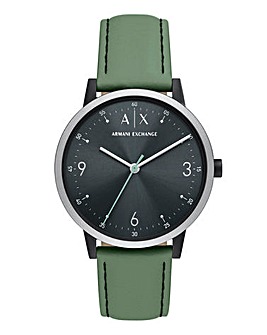 Armani Exchange Mens Green Leather Strap Watch