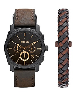 Fossil Mens Leather Strap Watch and Bracelet Set