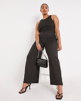 Black Satin Printed Wide Leg Trouser