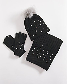 Embelished Knit Beanie Scarf & Glove Set