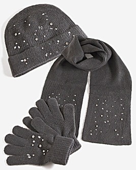 Diamante Embellished Beanie, Scarf & Glove Set