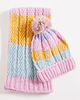 Cable Knit Multi Stripe Beanie & Scarf Set
