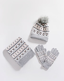Fairisle Knitted Beanie, Scarf & Glove Set