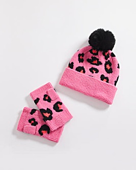 Leopard Print Hat & Hand Warmer Set