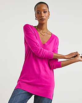 Bright Pink Slouchy V-Neck Tunic Jumper