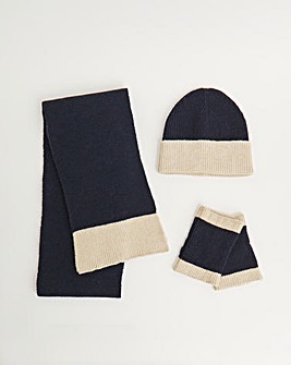 Navy Contrast Scarf Hat & Handwamer Set