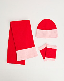 Red Contrast Scarf Hat & Handwarmer Set