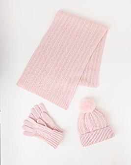 Pink Cable Knit Scarf Hat & Glove Gift Set