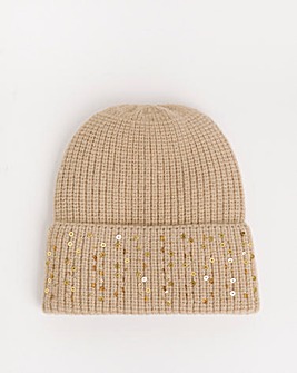 Beige Sequin Detail Beanie