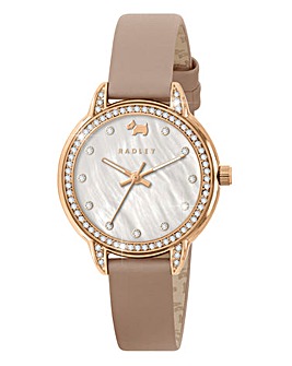 Radley Rose Gold Plated Stone Set Mother of Pearl Pink Leather Strap Watch