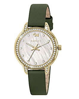 Radley Gold Plated Stone Set Dark Green Leather Strap Watch