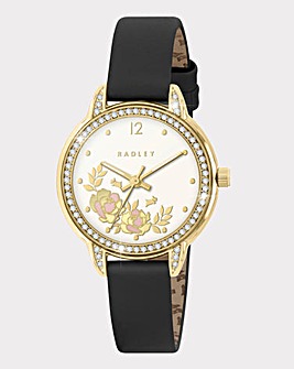 Radley Gold Plated Stone Set Black Leather Strap Watch