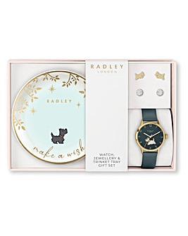 Radley Gold Leather Strap Watch, Gold Plated Earring Pair & Tray Set