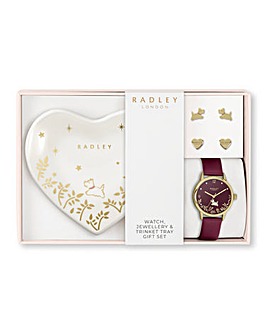 Radley Gold Leather Strap Watch, Gold Plated Earring Pair & Tray Set