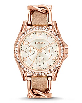 Fossil Ladies Riley Rose Tone Leather Strap Watch