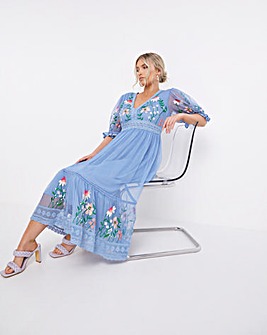 Boutique Blue Embroidered Midi Dress