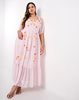 Boutique Pink Embroidered Square Neck Maxi Dress