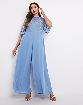 Boutique Blue Angel Sleeve Embroidered Jumpsuit